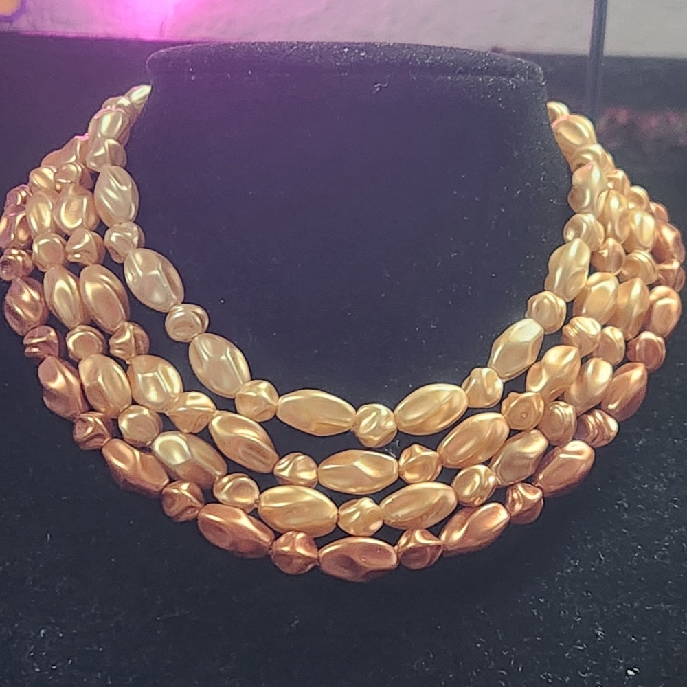 Vintage 4 Strand acrylic Pearl Necklace Champagne Bronze Ombre Rice Bead style